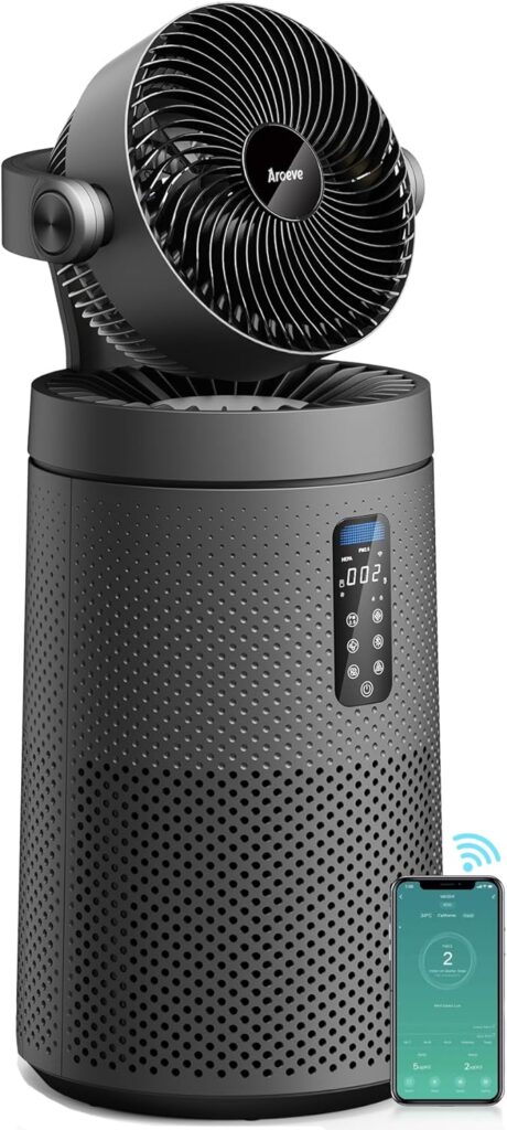 AROEVE Air Purifiers for Home Large Room With Air Circulator System And Smart WIFI Cover 1980 Sq.Ft True H13 HEPA Oscillating Air Purifier With Washable Filter For Indoors Whole Home, MK08W-Space Gray