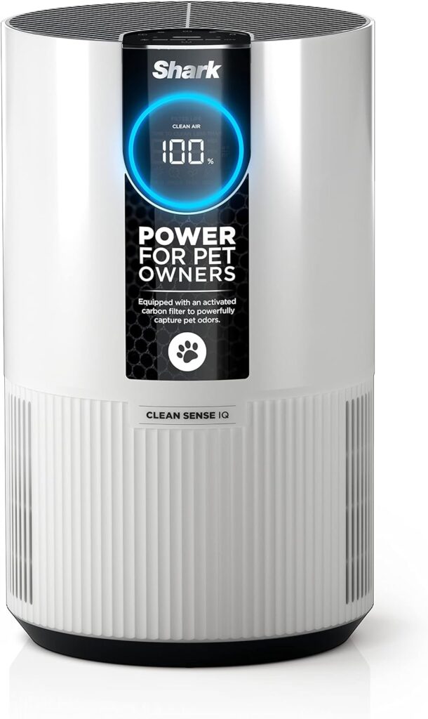 Shark HP102PET Clean Sense Air Purifier for Home, Allergies, Pet Hair, HEPA Filter, 500 Sq Ft, Small Room, Bedroom, Captures 99.98% of Particles, Pet Dander, Fur, Allergens  Odor, Portable, White