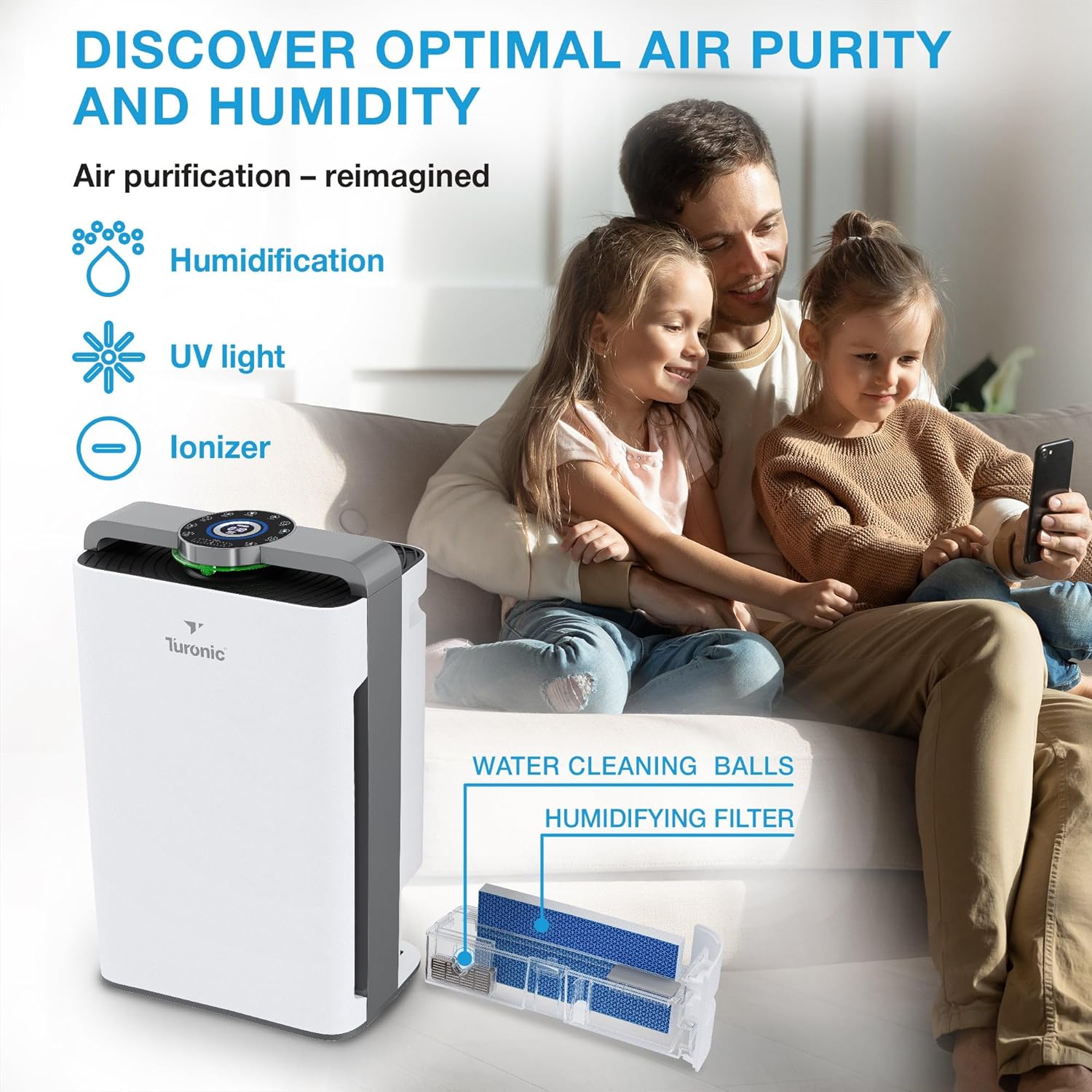 Turonic PH950 - Air Purifier And Humidifier Combo, Large Room Air Cleaner For Home - up to 4200 Sq Ft, 8-Stage Purification w/True Hepa 13 Filter, UV Light  Ionizer, Smart Auto Mode, Wi-Fi control